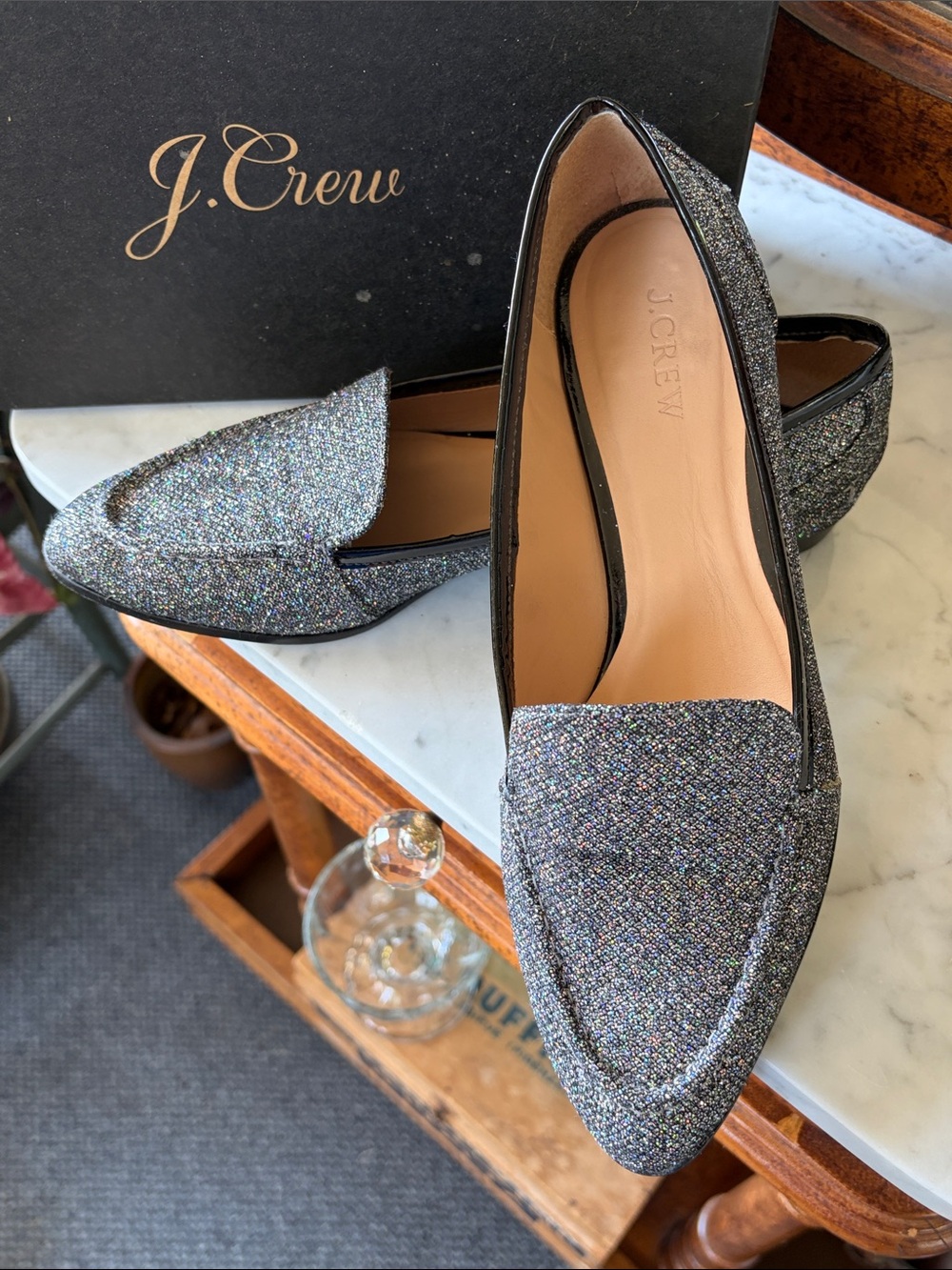 J. Crew Collins Glitter Pointed-Toe Loafers in Black Trim